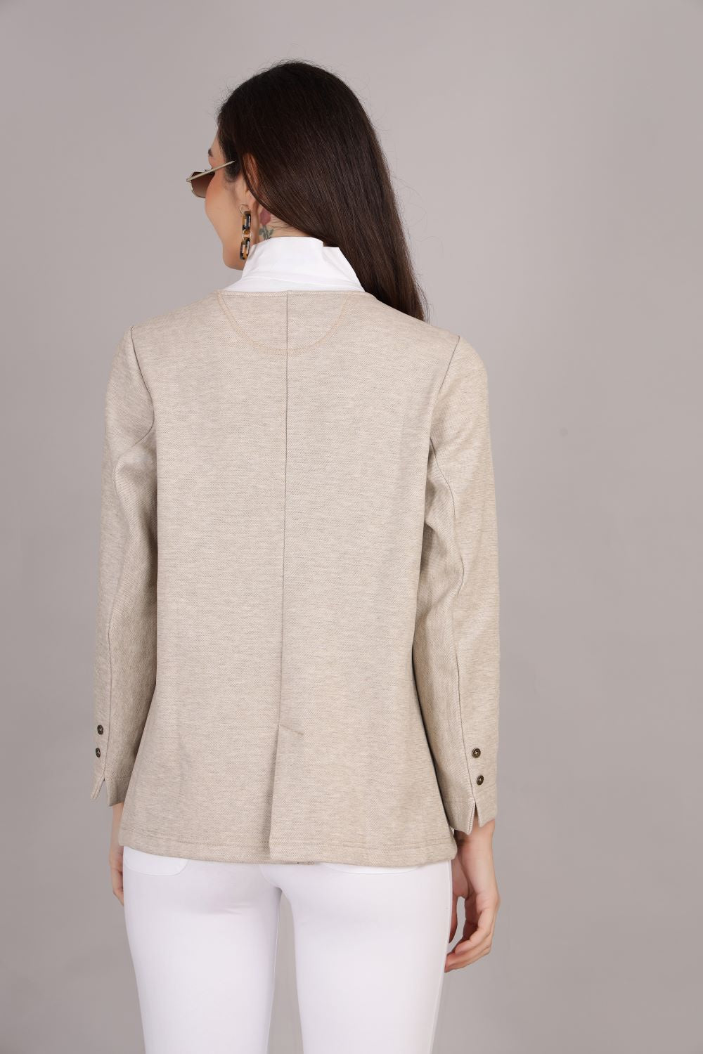 Beige Stretch Velvet Round Collar Open Jacket
