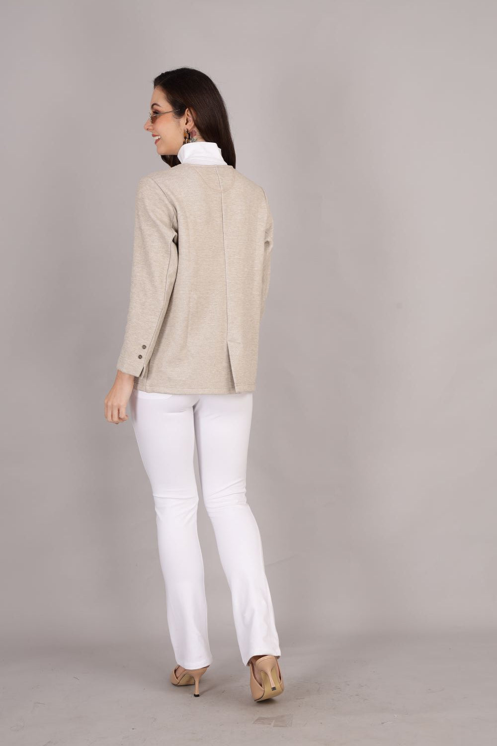 Beige Stretch Velvet Round Collar Open Jacket