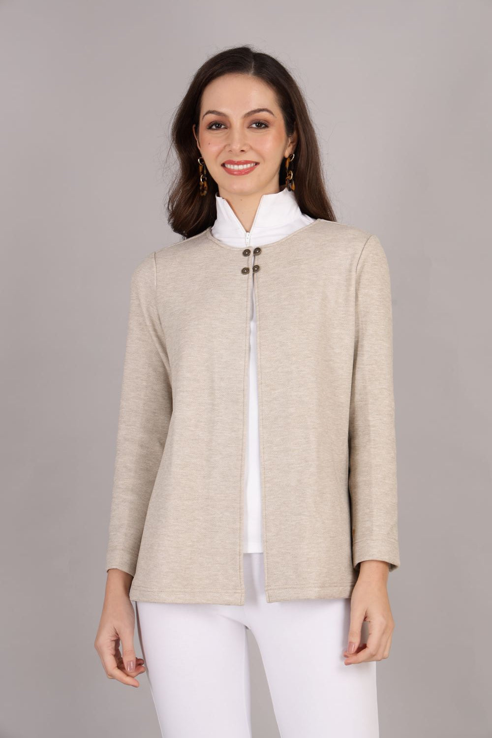 Beige Stretch Velvet Round Collar Open Jacket
