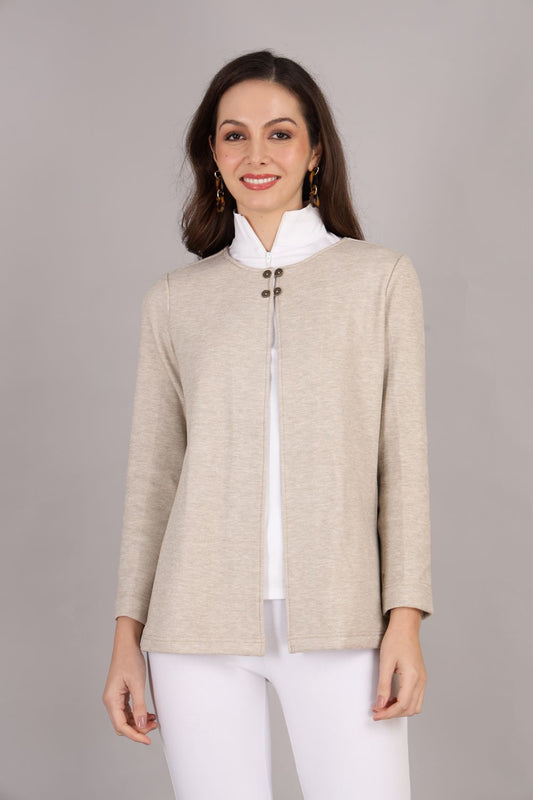 Beige Stretch Velvet Round Collar Open Jacket