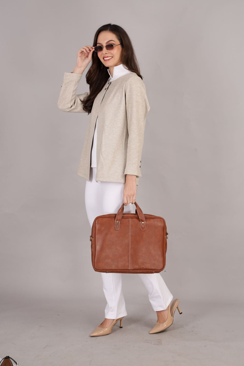 Beige Stretch Velvet Round Collar Open Jacket