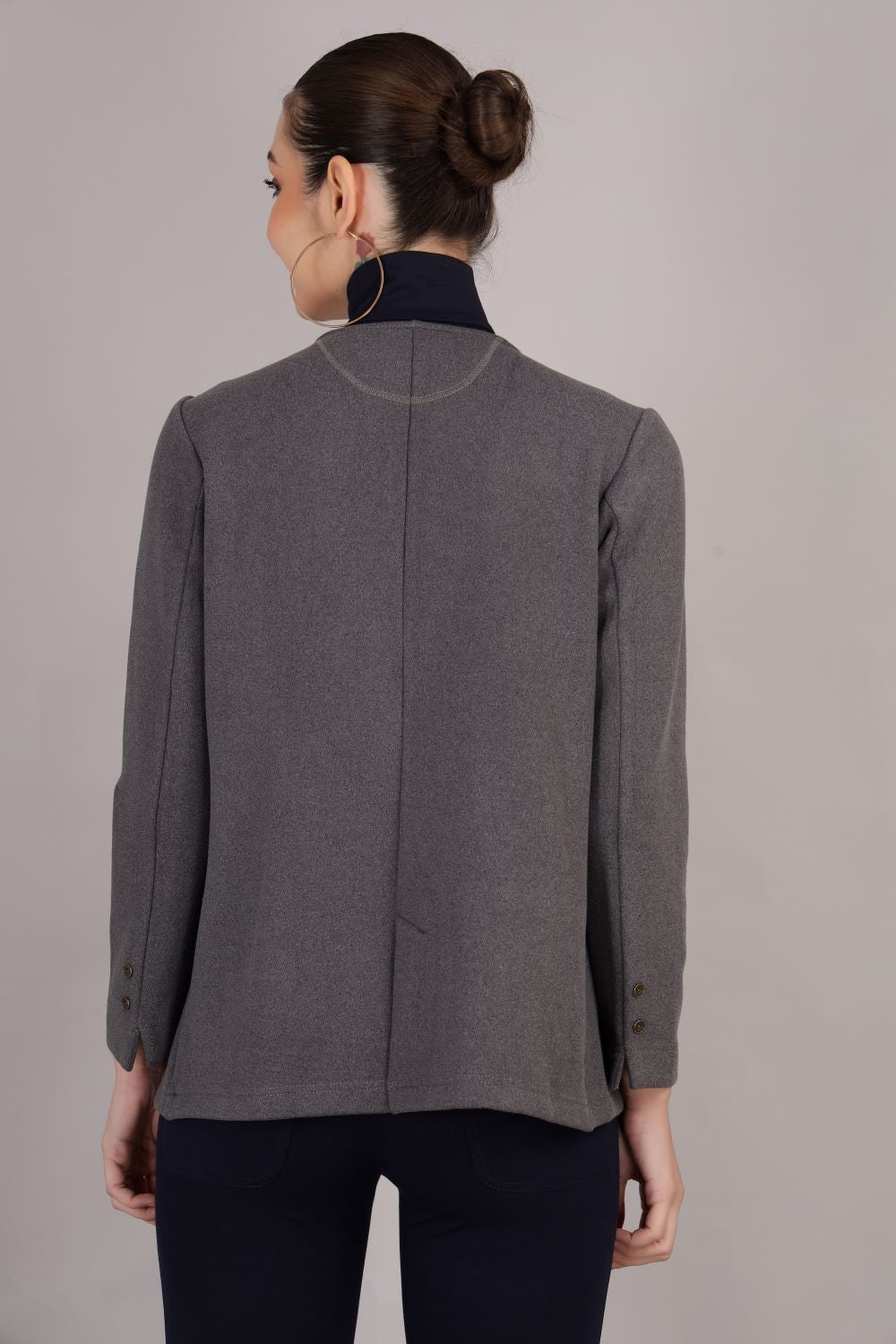 Grey Stretch Velvet Round Collar Open Jacket