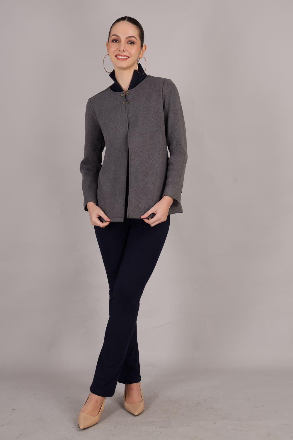 Grey Stretch Velvet Round Collar Open Jacket