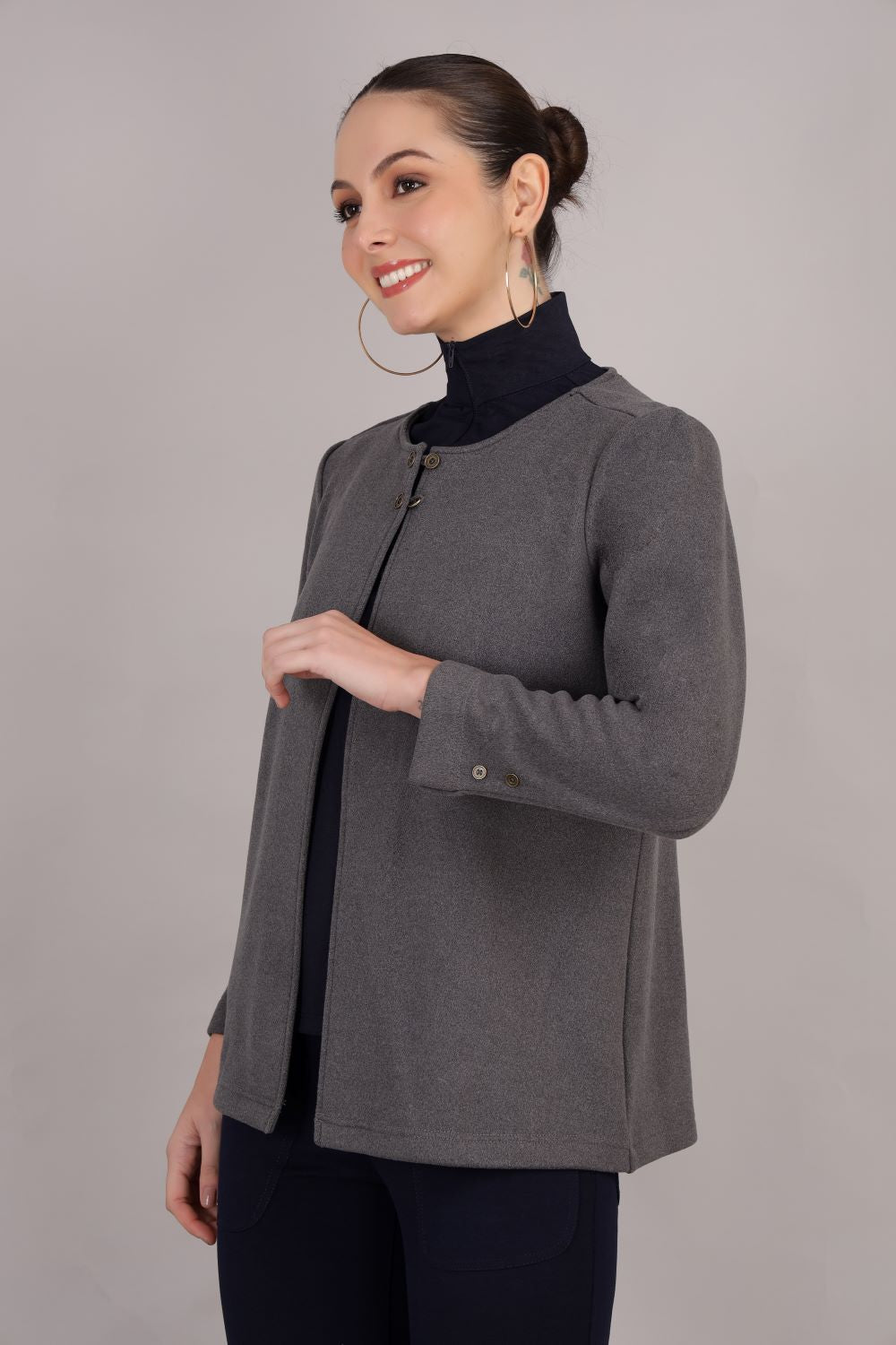Grey Stretch Velvet Round Collar Open Jacket