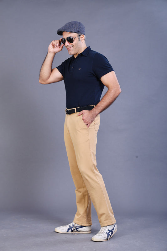 Men's Beige Cotton Rich Stretch Formal Walking Pants