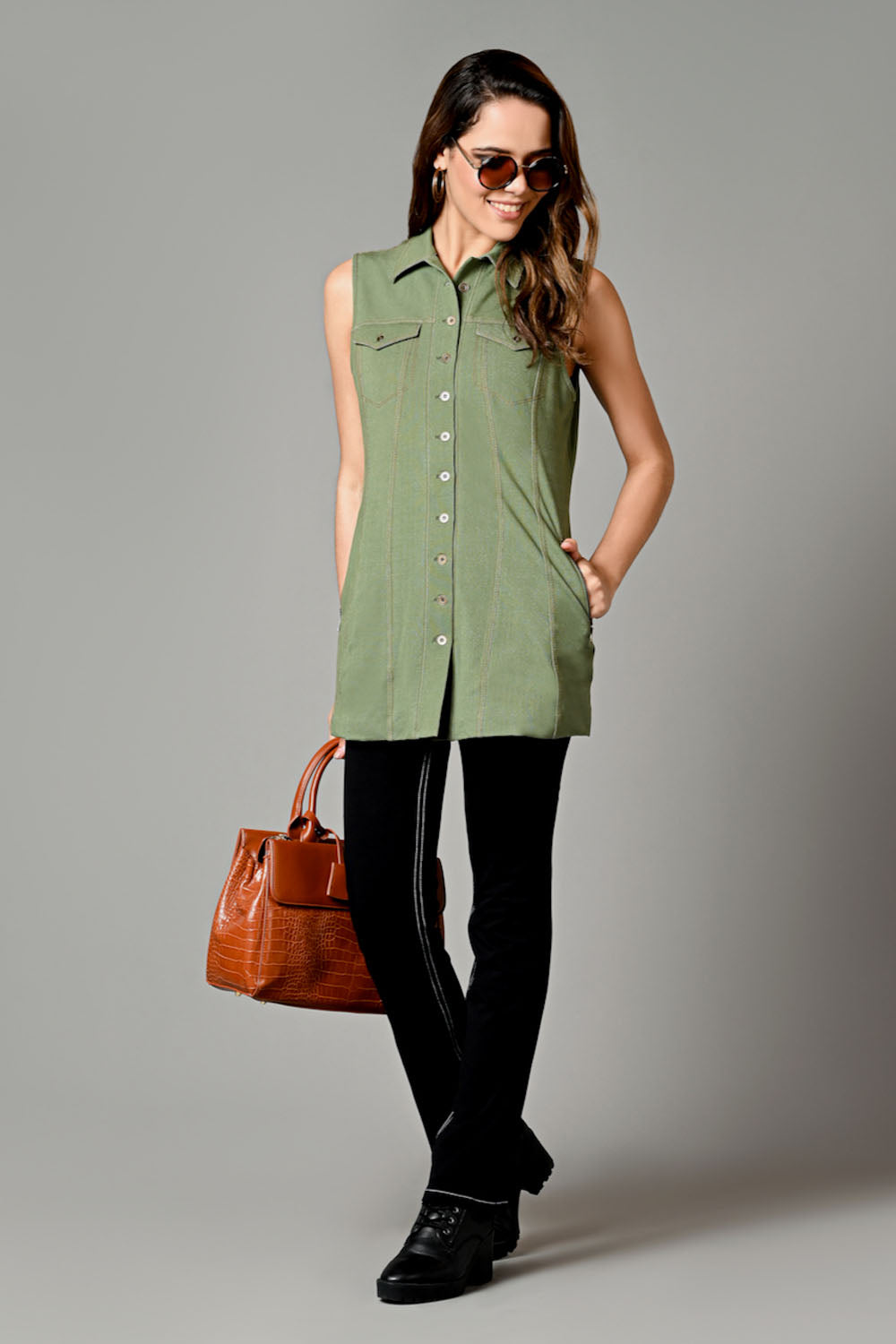 Sage Green Sleeveless Jacket Shirt