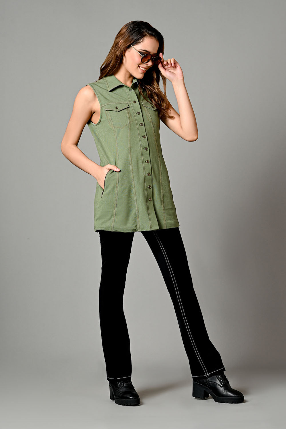 Sage Green Sleeveless Jacket Shirt