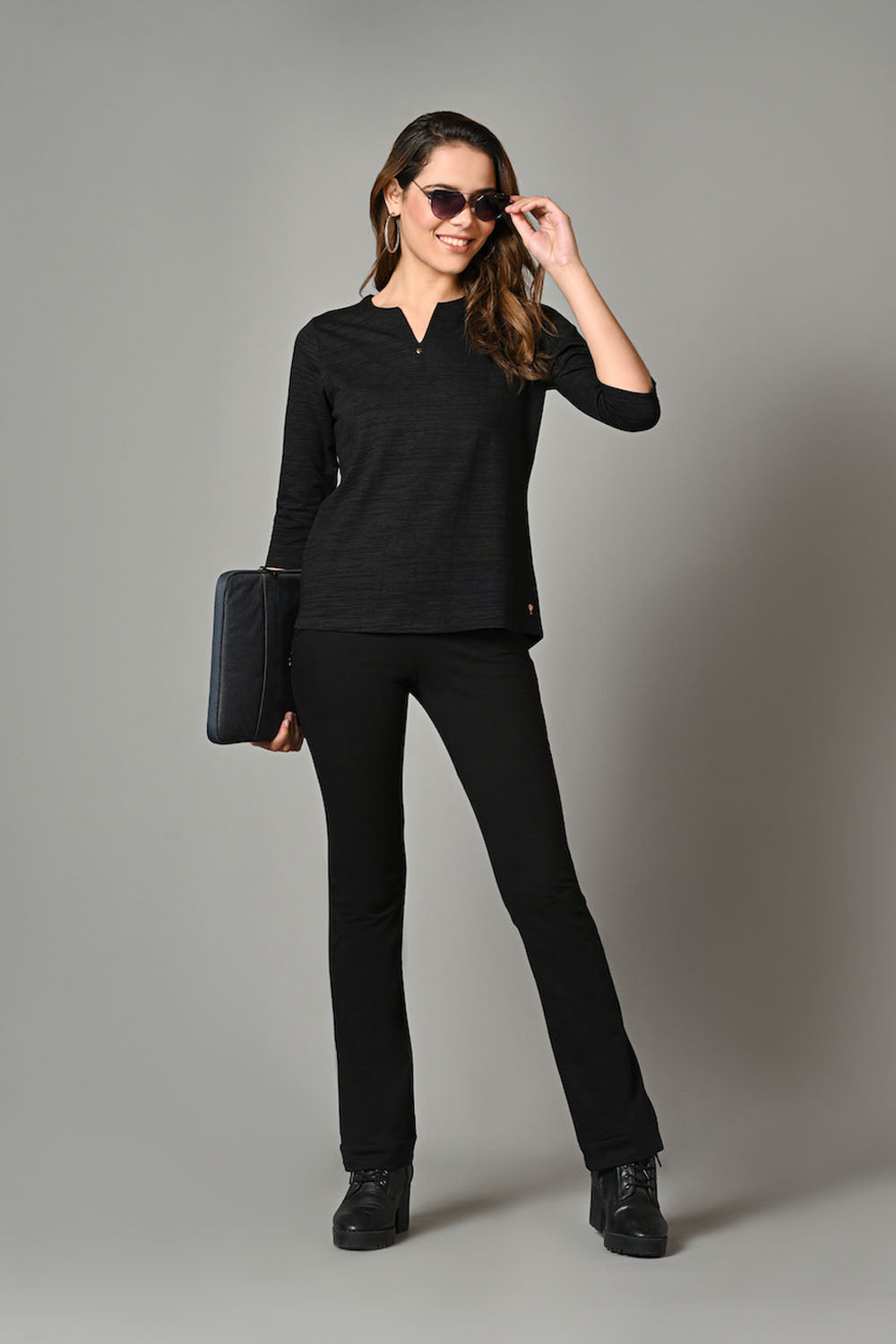 High Waist Black Cotton Stretch Flair Pants