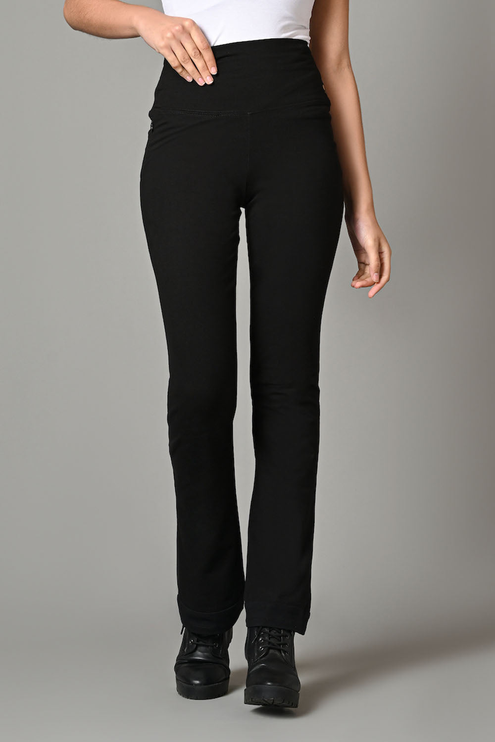 High Waist Black Cotton Stretch Flair Pants
