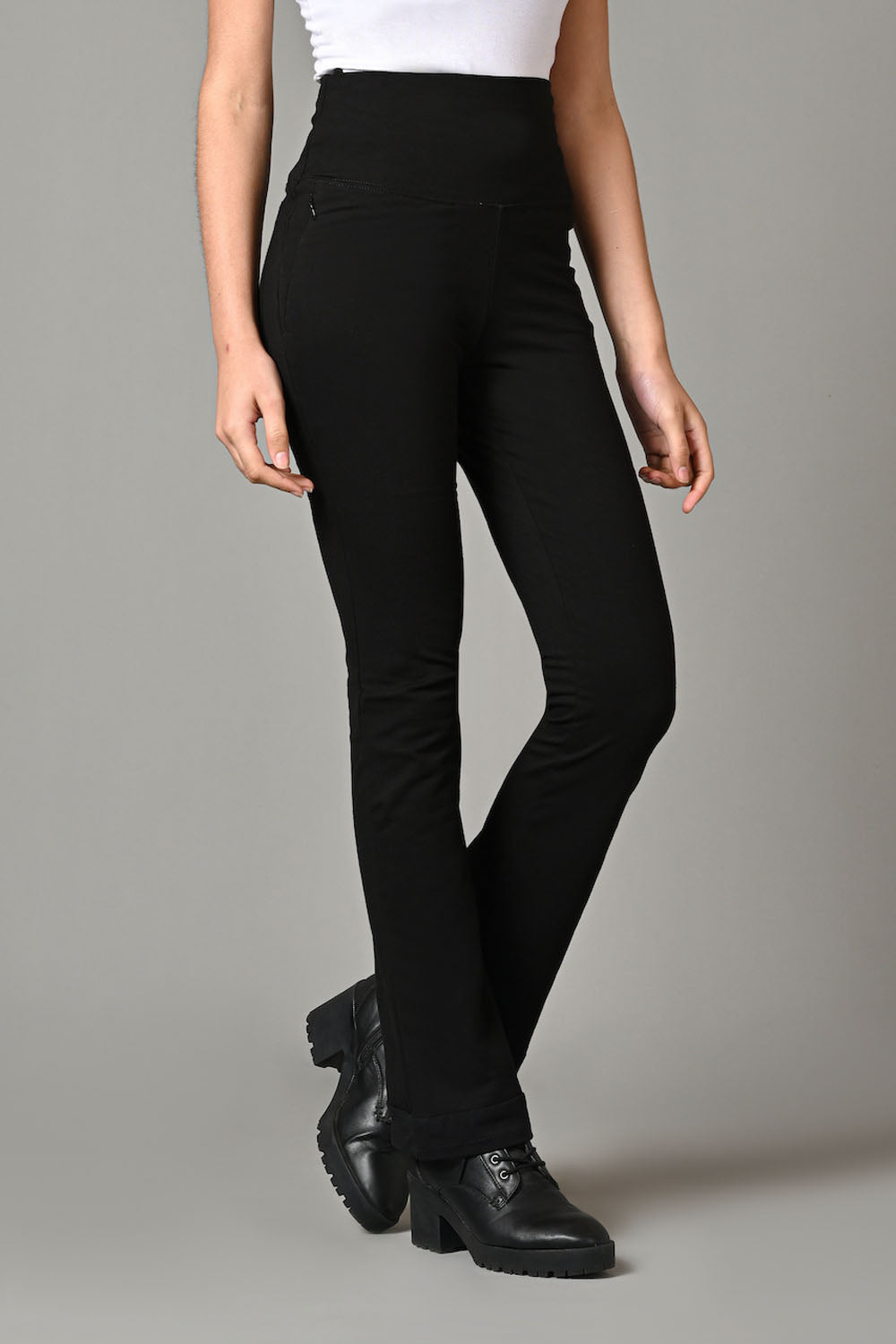High Waist Black Cotton Stretch Flair Pants