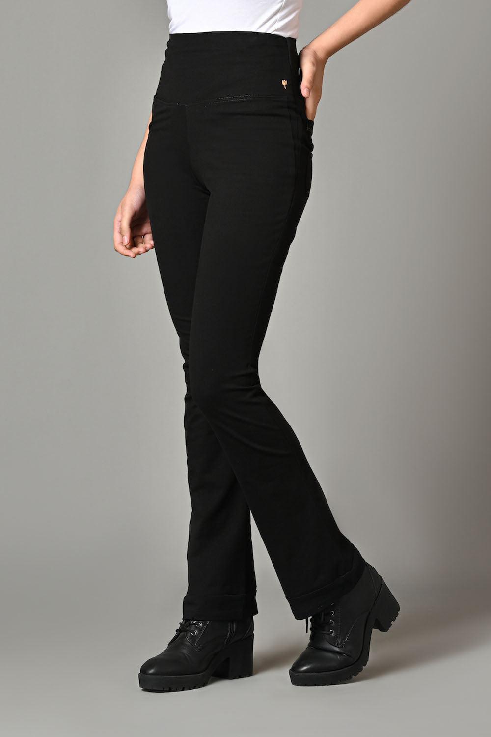 High Waist Black Cotton Stretch Flair Pants