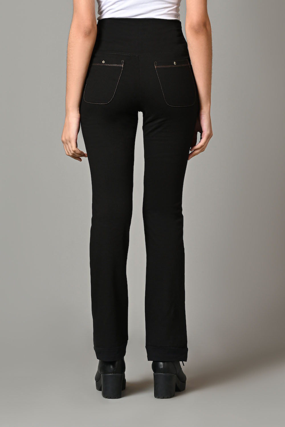 High Waist Black Cotton Stretch Flair Pants