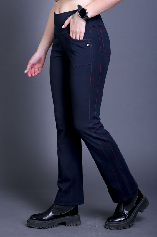 Navy Stretch Pants - Red Thread Detail & Bootleg Fit