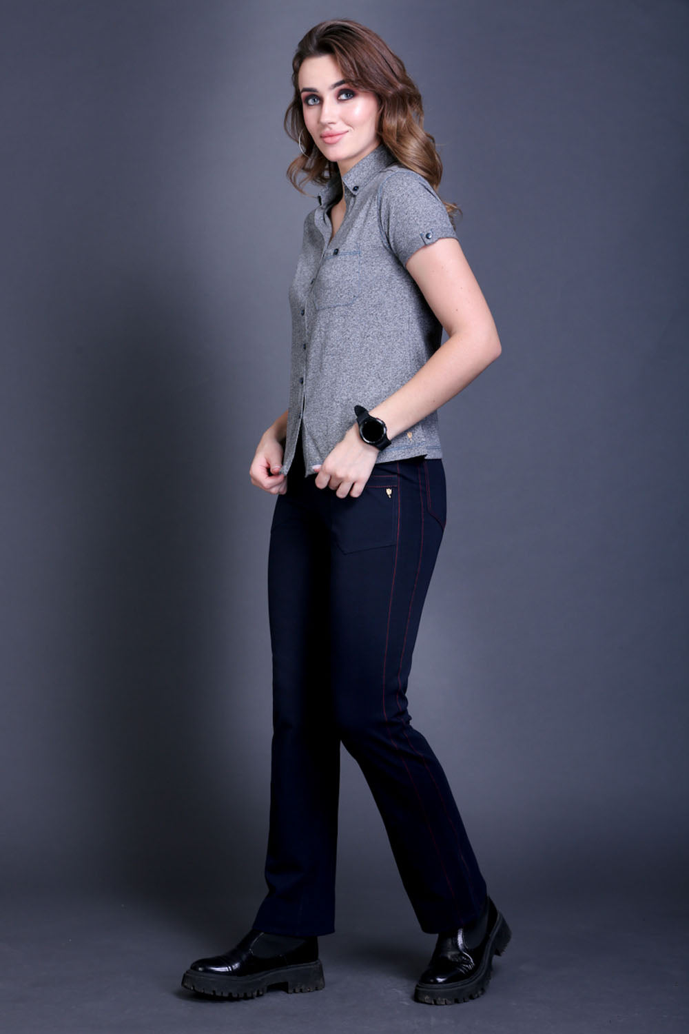 Navy Stretch Pants - Red Thread Detail & Bootleg Fit