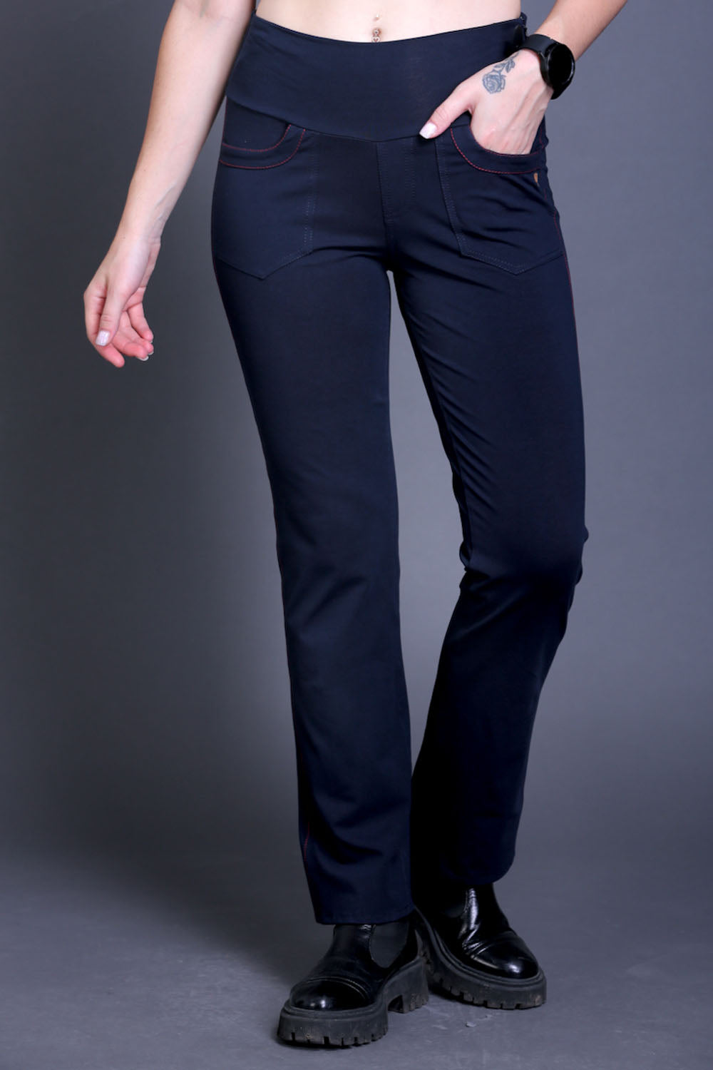Navy Stretch Pants - Red Thread Detail & Bootleg Fit