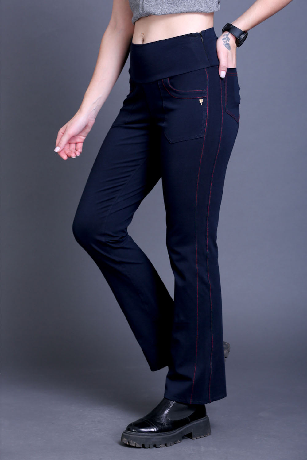 Navy Stretch Pants - Red Thread Detail & Bootleg Fit