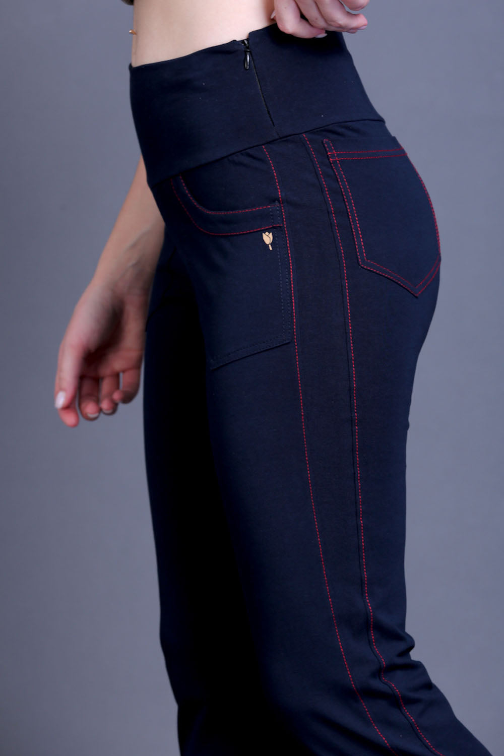 Navy Stretch Pants - Red Thread Detail & Bootleg Fit
