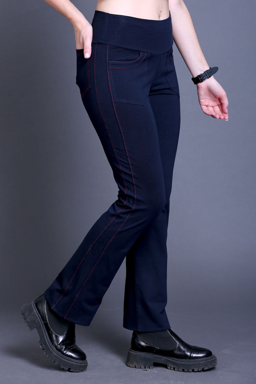 Navy Stretch Pants - Red Thread Detail & Bootleg Fit