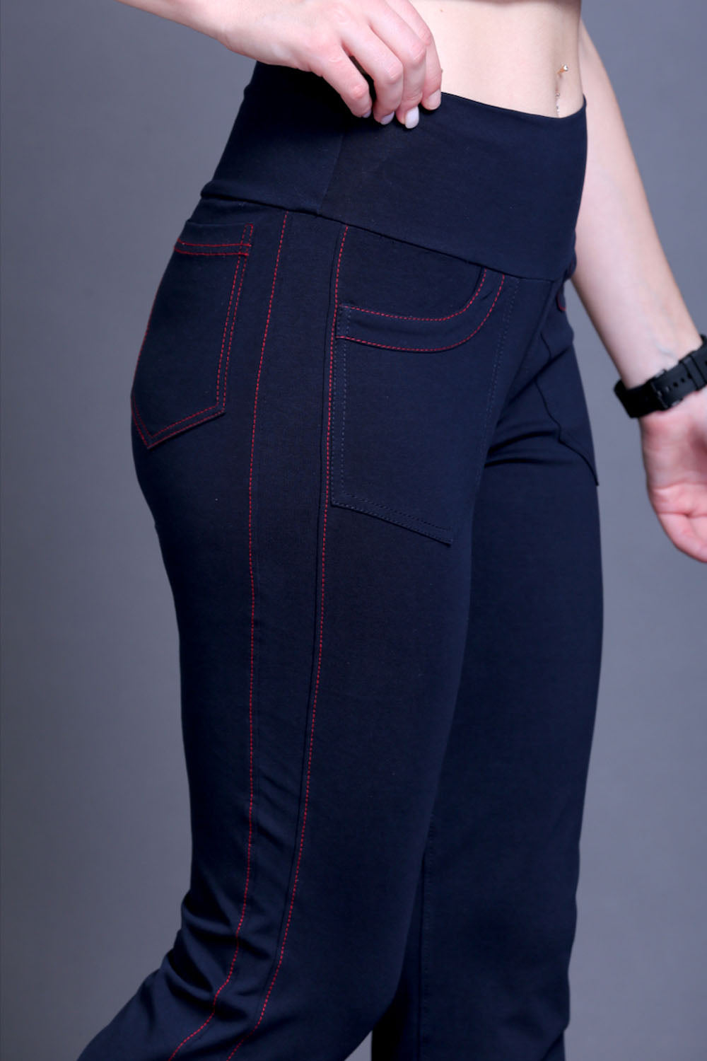 Navy Stretch Pants - Red Thread Detail & Bootleg Fit