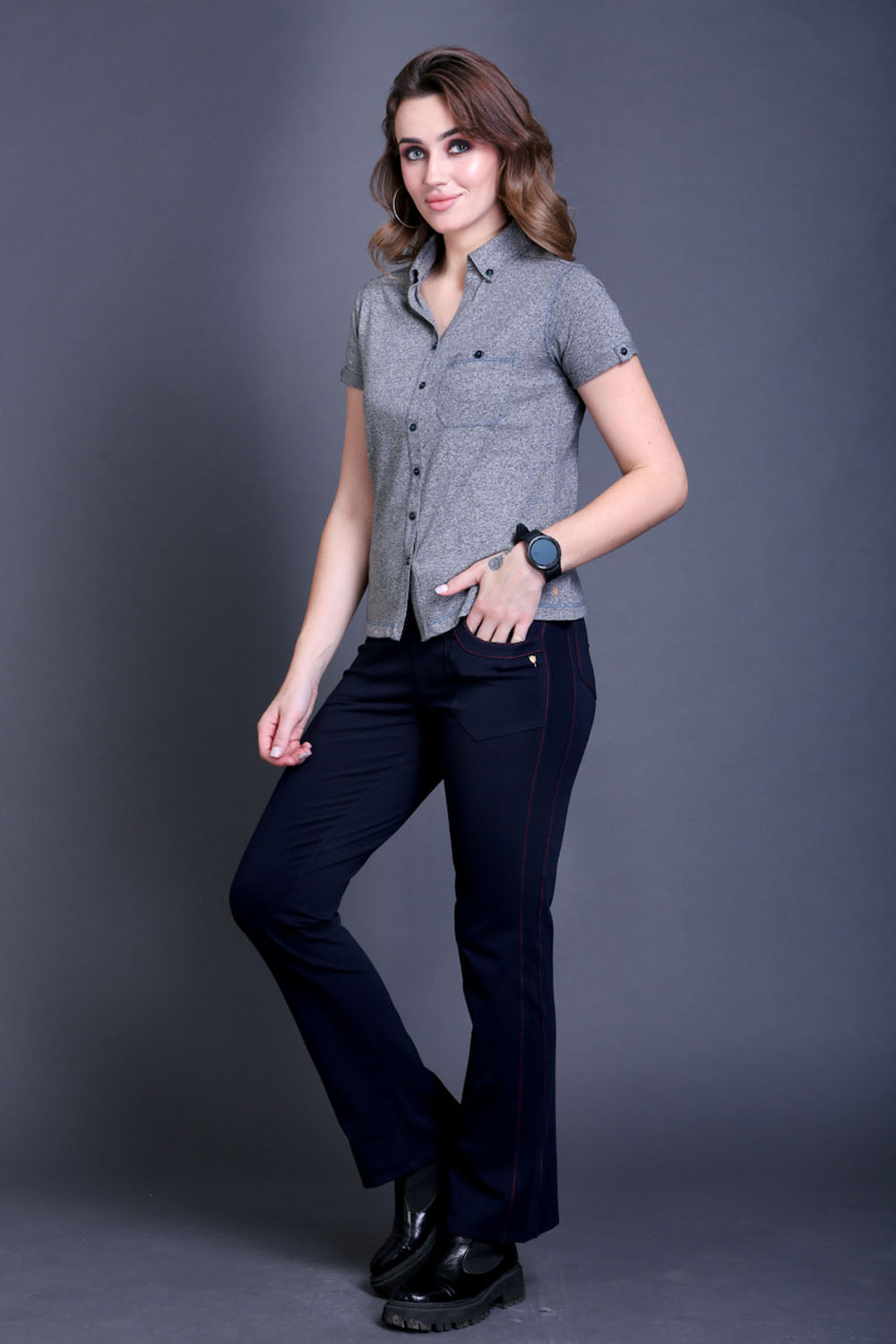 Navy Stretch Pants - Red Thread Detail & Bootleg Fit