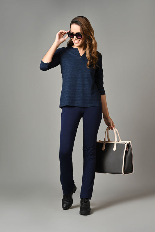 High Waist Navy Cotton Rich Stretch Flair Pants