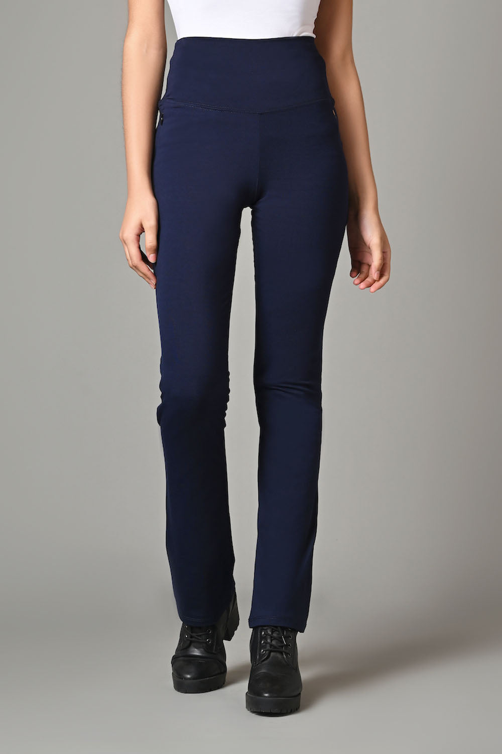 High Waist Navy Cotton Rich Stretch Flair Pants