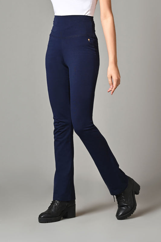 High Waist Navy Cotton Rich Stretch Flair Pants