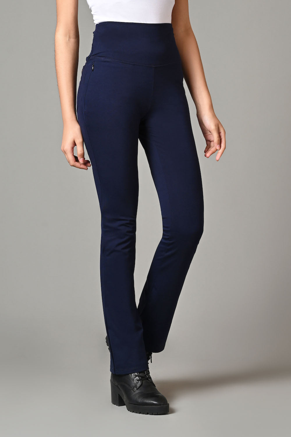 High Waist Navy Cotton Rich Stretch Flair Pants