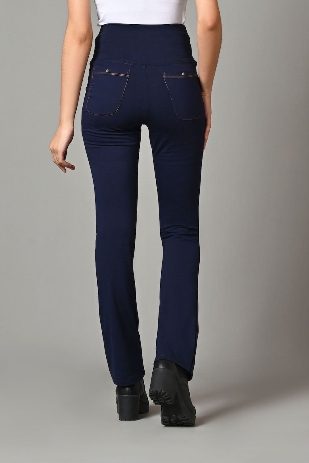 High Waist Navy Cotton Rich Stretch Flair Pants