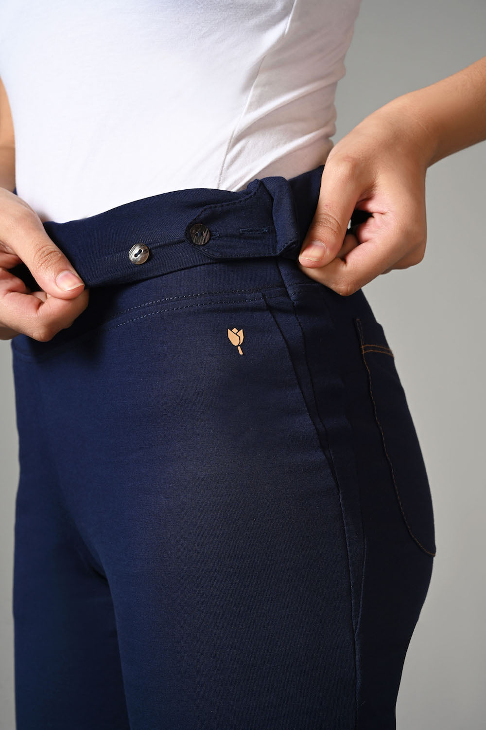 High Waist Navy Cotton Rich Stretch Flair Pants