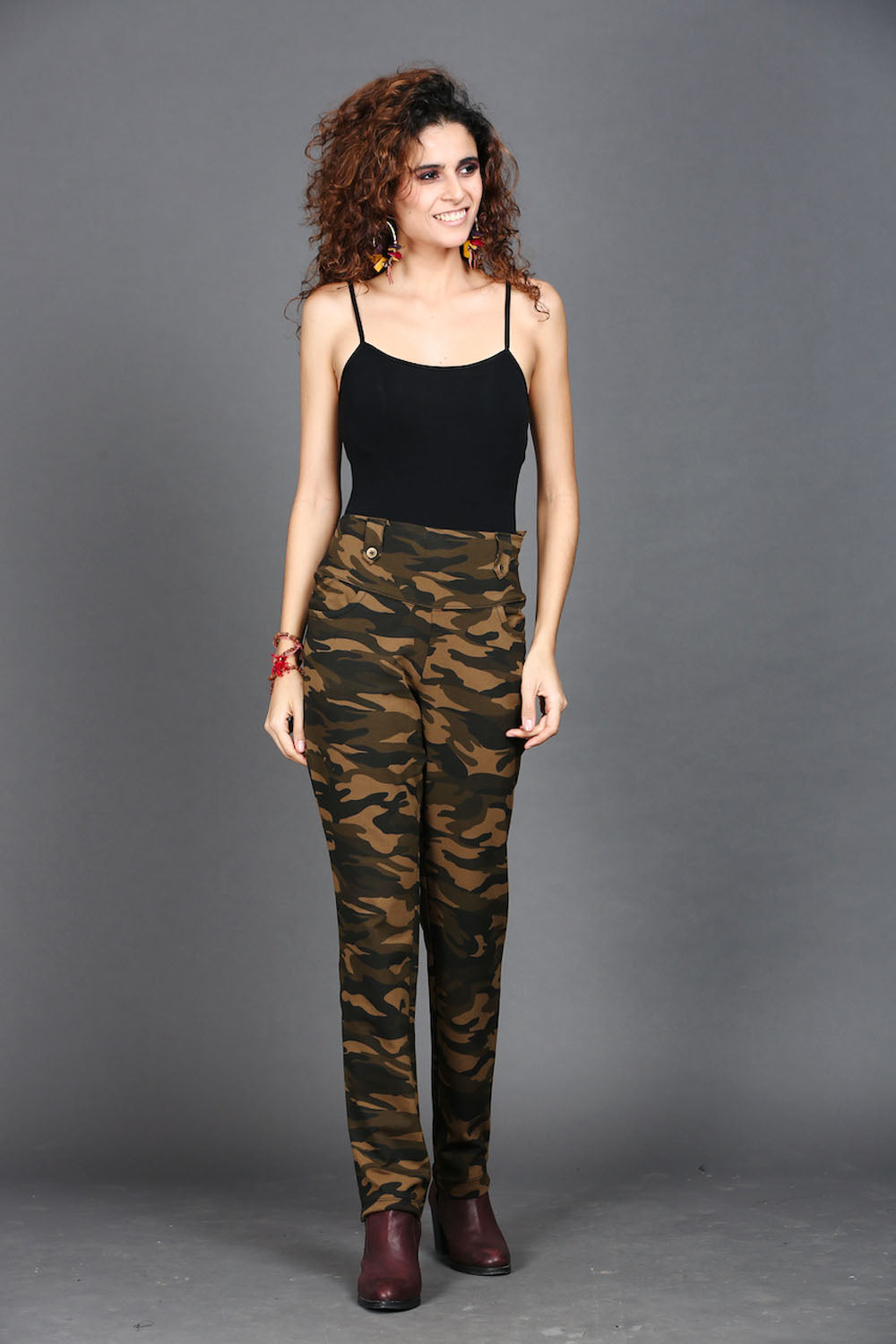 Khaki Stretch Camouflage Straight Fit Pants