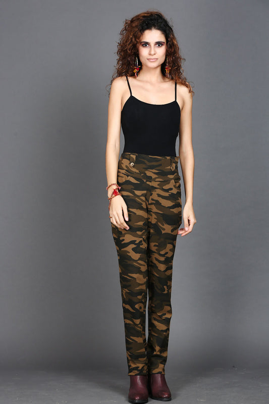 Khaki Stretch Camouflage Straight Fit Pants