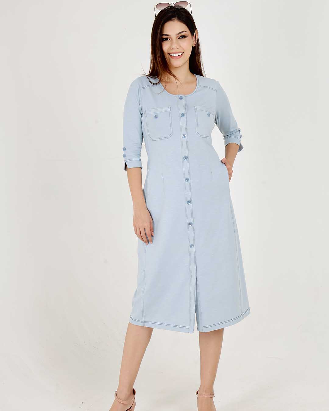 Light Olive Cotton Stretch Round-Neck Dress With Print