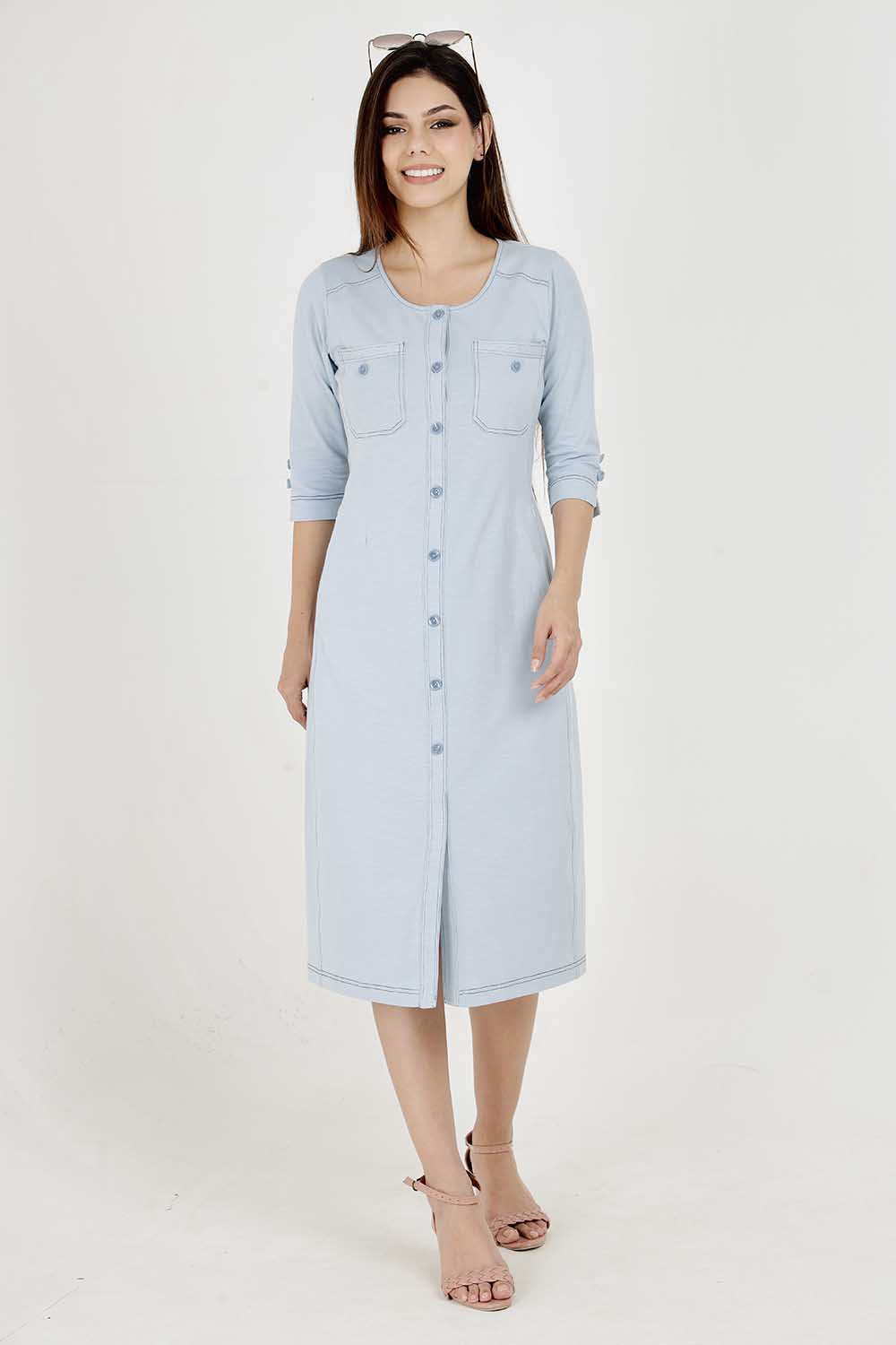 Light Olive Cotton Stretch Round-Neck Dress With Print