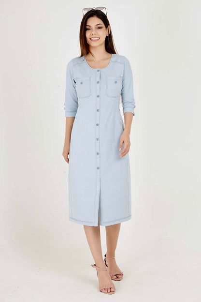 Light Olive Cotton Stretch Round-Neck Dress With Print