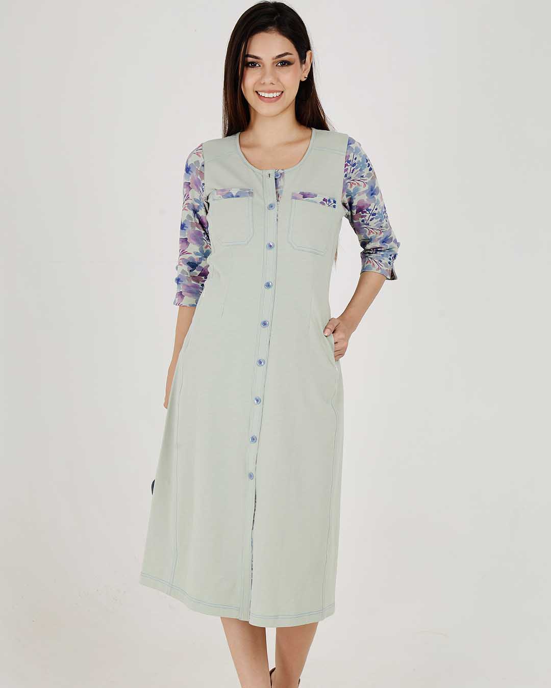 Light Olive Cotton Stretch Round-Neck Dress With Print