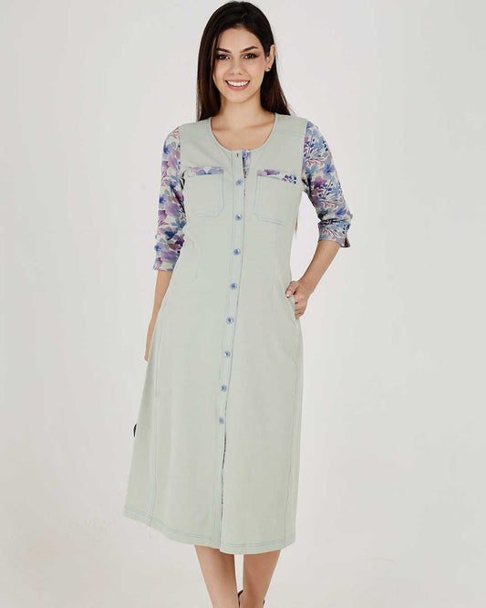 Light Olive Cotton Stretch Round-Neck Dress With Print