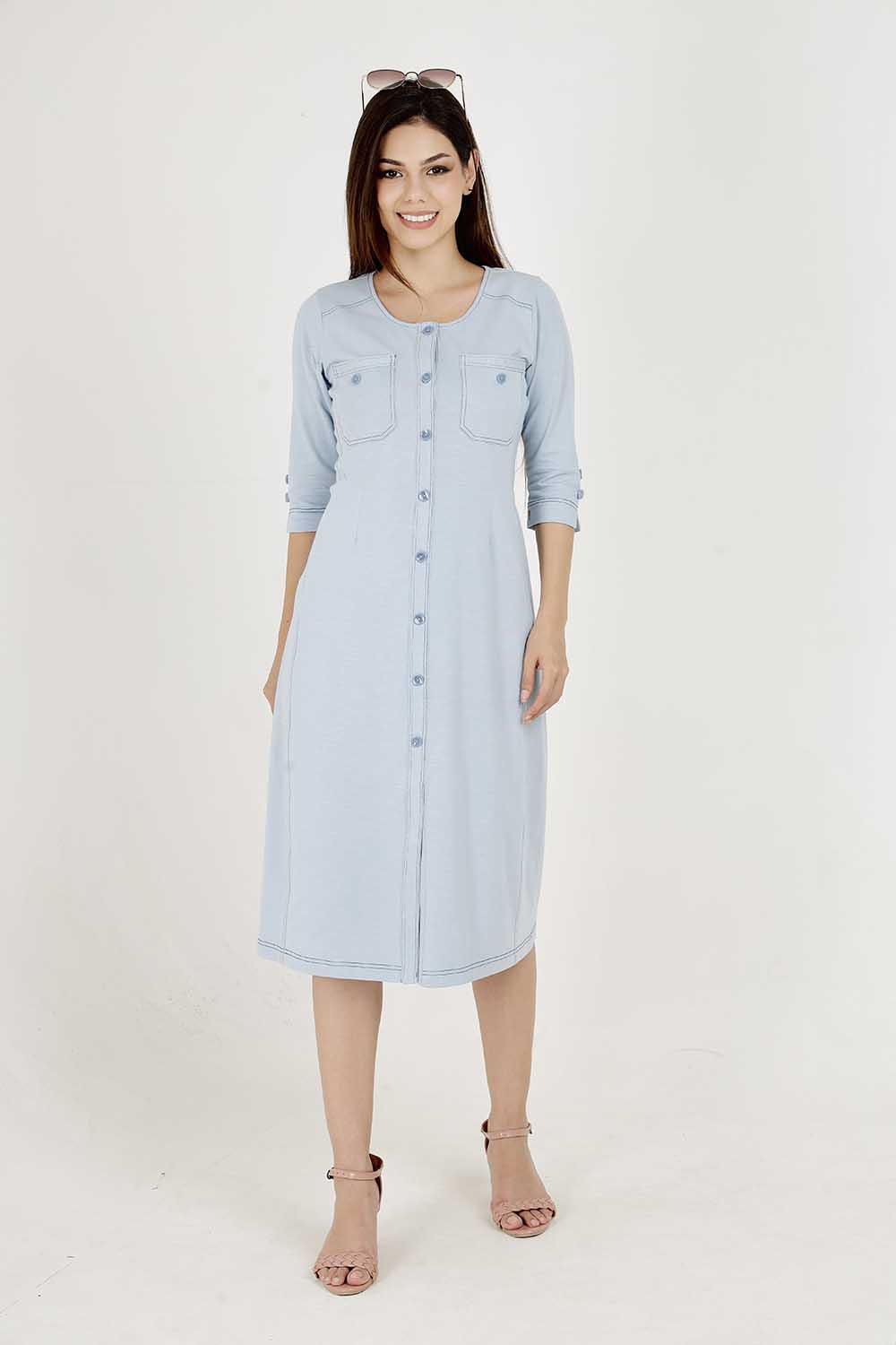 Light Olive Cotton Stretch Round-Neck Dress With Print