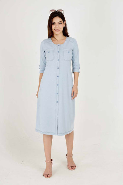 Light Olive Cotton Stretch Round-Neck Dress With Print