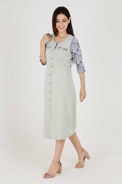 Light Olive Cotton Stretch Round-Neck Dress With Print