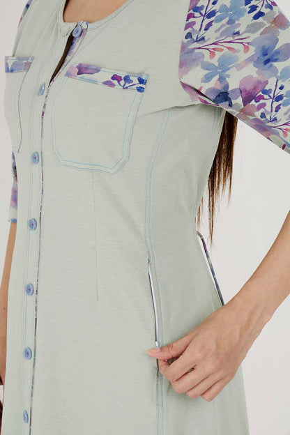 Light Olive Cotton Stretch Round-Neck Dress With Print