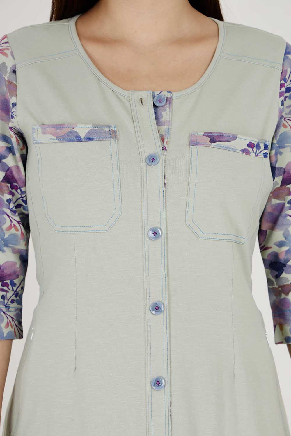 Light Olive Cotton Stretch Round-Neck Dress With Print