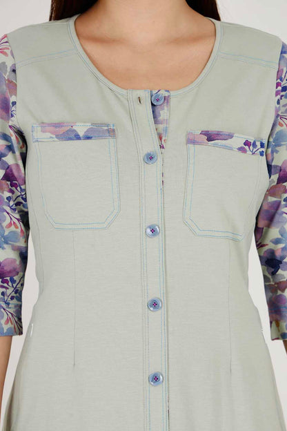 Light Olive Cotton Stretch Round-Neck Dress With Print