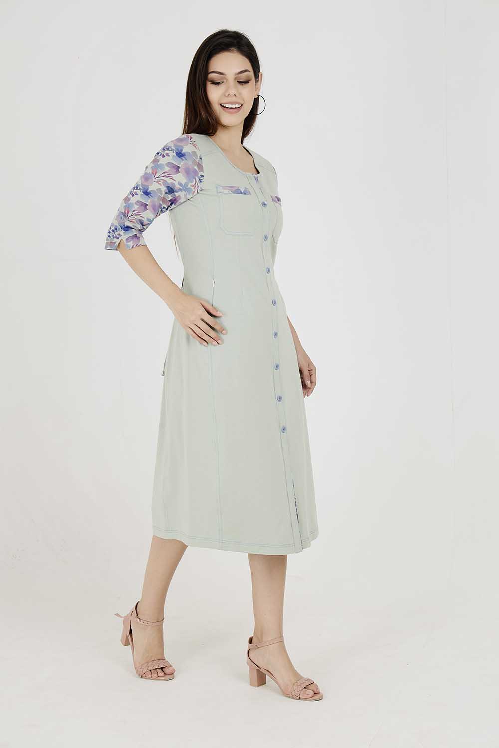 Light Olive Cotton Stretch Round-Neck Dress With Print