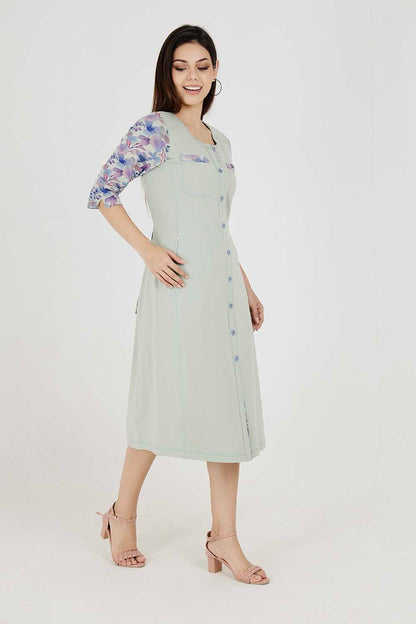 Light Olive Cotton Stretch Round-Neck Dress With Print