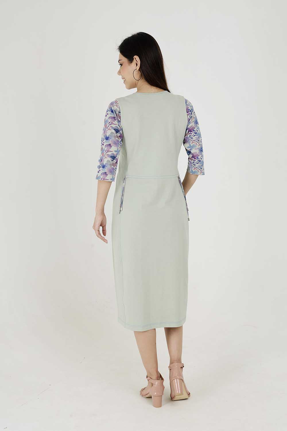 Light Olive Cotton Stretch Round-Neck Dress With Print