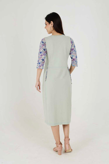 Light Olive Cotton Stretch Round-Neck Dress With Print