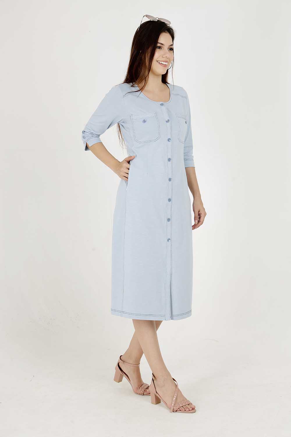 Light Olive Cotton Stretch Round-Neck Dress With Print