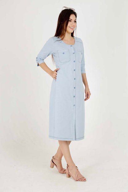 Light Olive Cotton Stretch Round-Neck Dress With Print