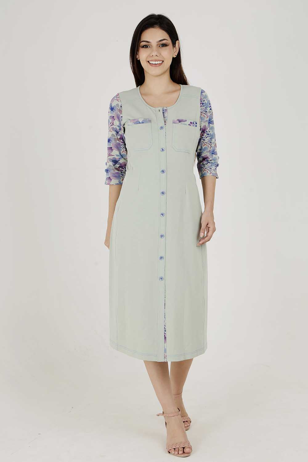 Light Olive Cotton Stretch Round-Neck Dress With Print